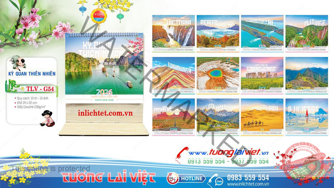 Lịch gỗ để bàn Kỳ Quan Thiên Nhiên